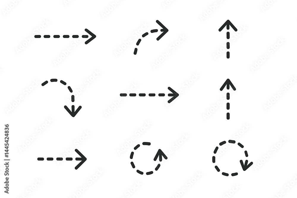 Poster vector icon showcasing various dashed directional arrows for navigation and movement design