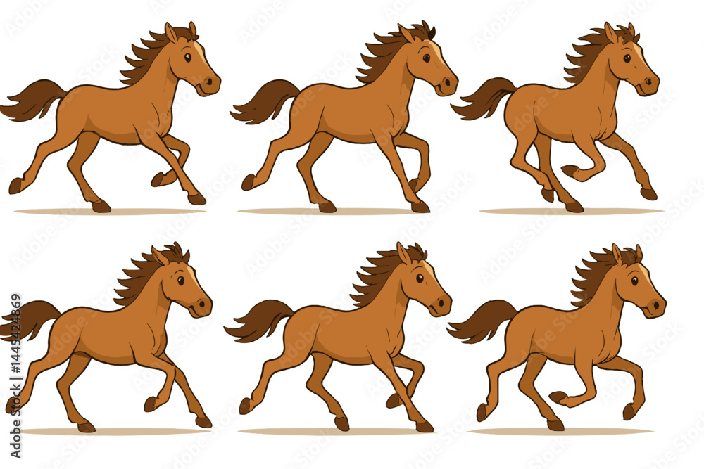 Poster vector icon series of running horses in various poses illustrating animation frames for motion desig