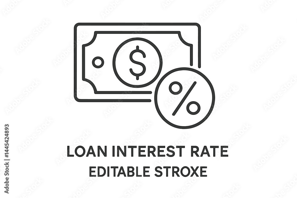 Poster recognizing loan interest rates through vector icons and symbols representing finance and monetary v