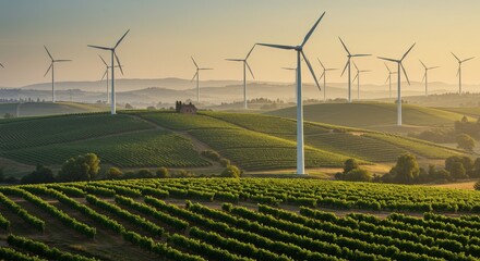 Wind park turbine blades against the sky