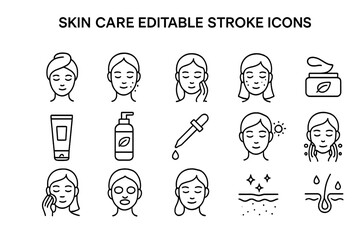 Skin care vector icons featuring diverse beauty products and facial treatments for personal grooming and wellness