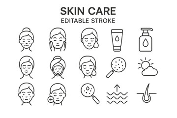 Vector icons representing various skin care activities and products for personal grooming and beauty routines in a minimalistic style