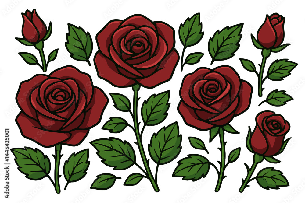 Aufkleber unique vector icon of red roses with green leaves in various sizes and orientations suitable for flo