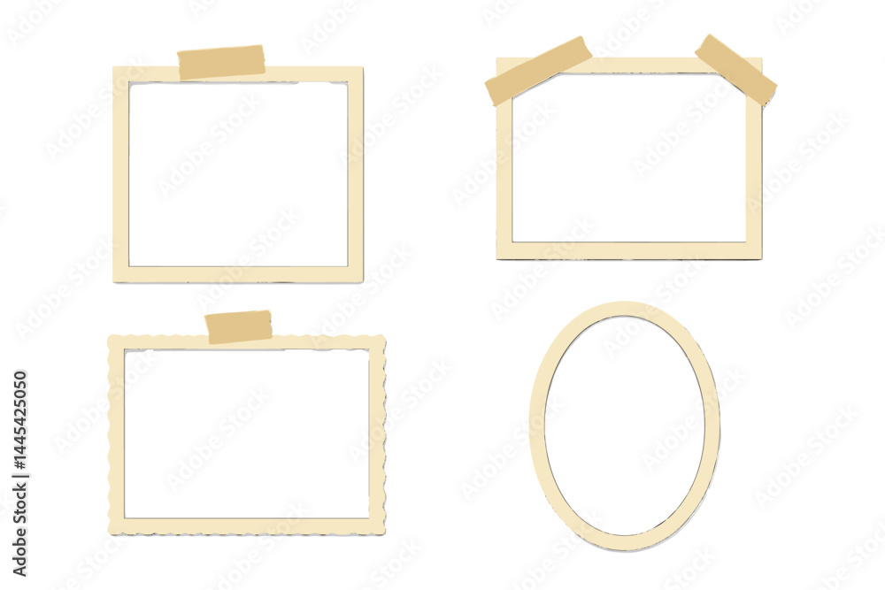 Poster vector icons of various empty photo frames with adhesive tape in a minimalist design for creative us