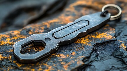Close-up of a metallic keychain tool resting on a textured, rusty surface with natural lighting