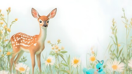 Fototapeta premium A Young Fawn and Blue Bunny Surrounded by Wildflowers in a Gentle Pastoral Scene
