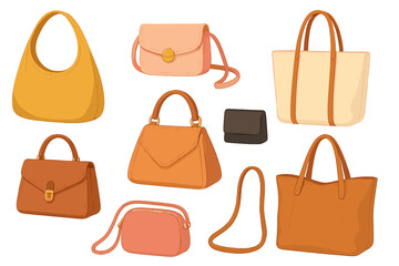 Collection of stylish vector handbag designs featuring various shapes and colors perfect for fashion enthusiasts