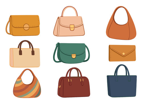 Stylish collection of vector icons featuring various handbag designs in diverse colors and shapes
