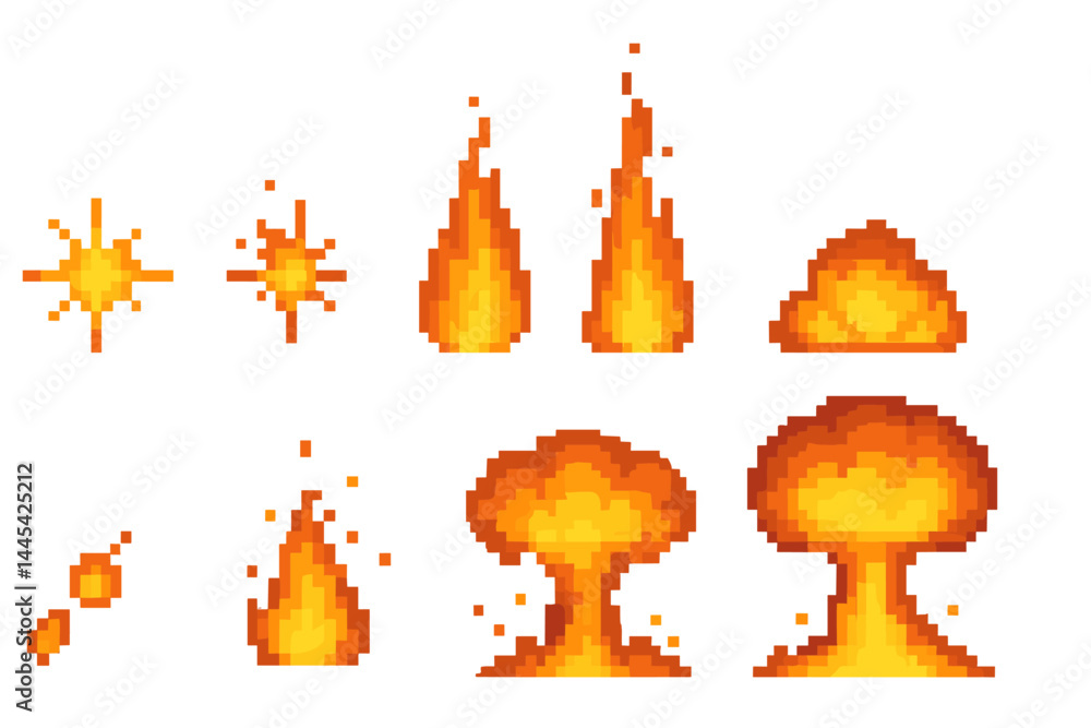 Poster pixelated fire and explosion vector icons for game design and digital art