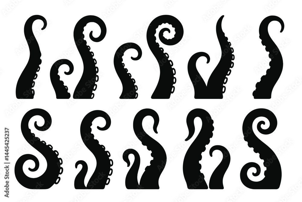 Poster various vector designs of black octopus tentacles with different shapes and sizes suitable for illus