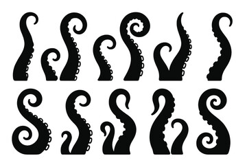 Various vector designs of black octopus tentacles with different shapes and sizes suitable for illustrations or patterns
