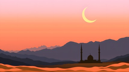 Serene Sunset Over Mountain Range with Crescent Moon and Mosque Silhouette in Pixel Art