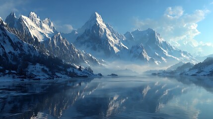 Serene snow-capped mountains reflected in a still lake