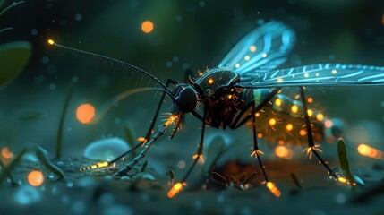 Glowing mosquito in a luminous moody landscape
