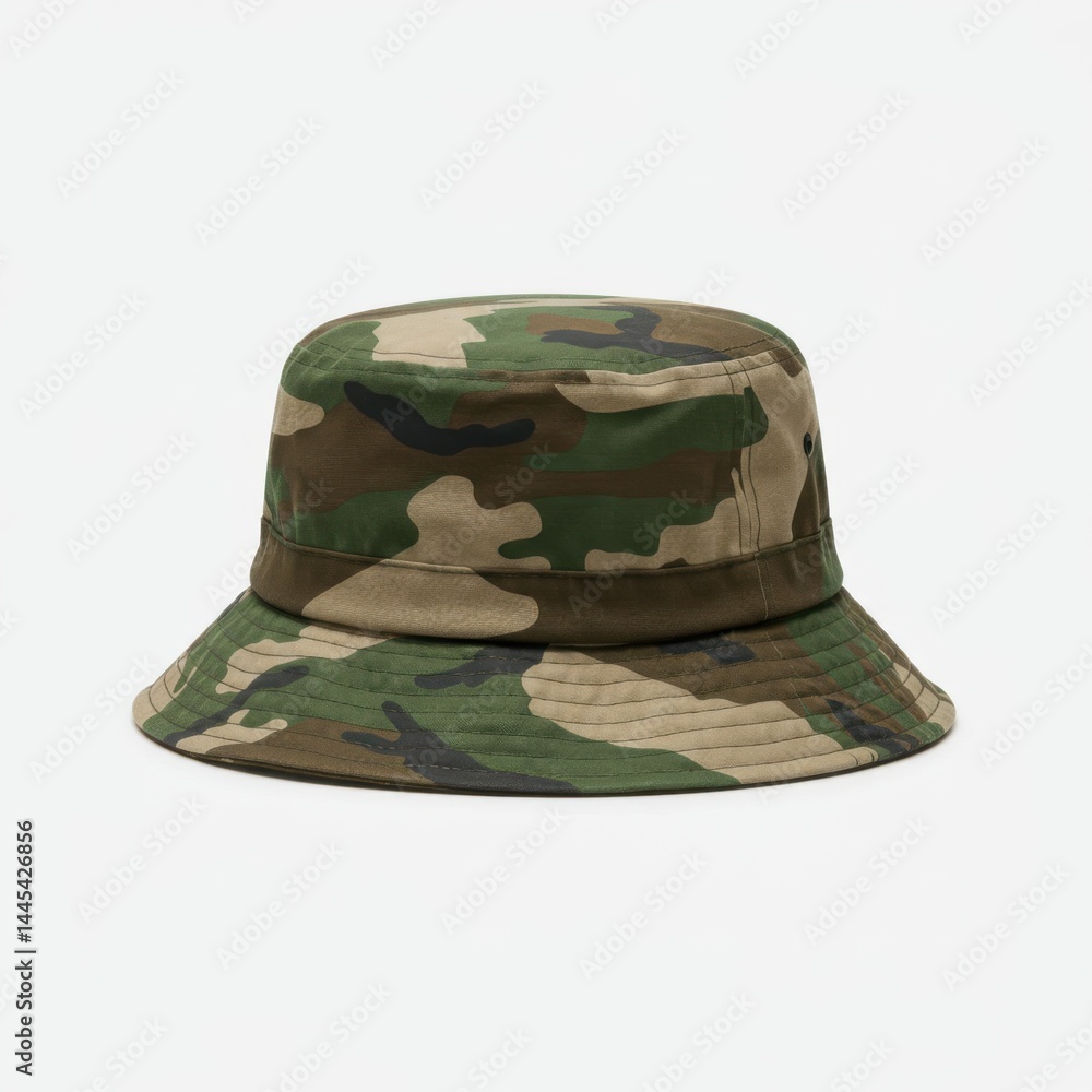 Poster a camouflage bucket hat with green brown and beige pattern on a white background in a studio setting