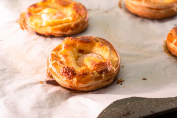 Puff pastry with cheese and shrimp. Pastry. food