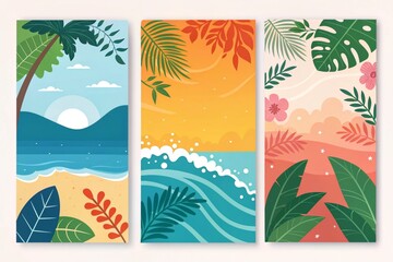 Obraz premium Vector colourful social media stories design templates, backgrounds summer landscape. Summer background with leaves&nbsp;and&nbsp;waves.