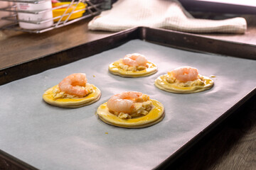 Puff pastry with cheese and shrimp. Pastry. food