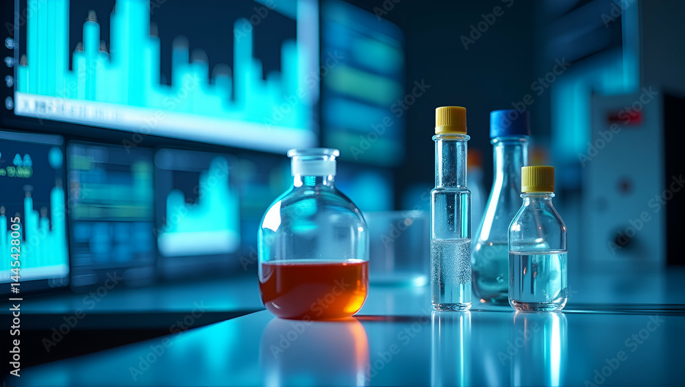 Poster high definition photograph of analytical laboratory performing water analysis with gas chromatograph