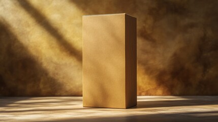 Tall Brown Cardboard Box on Wooden Surface with Warm Lighting