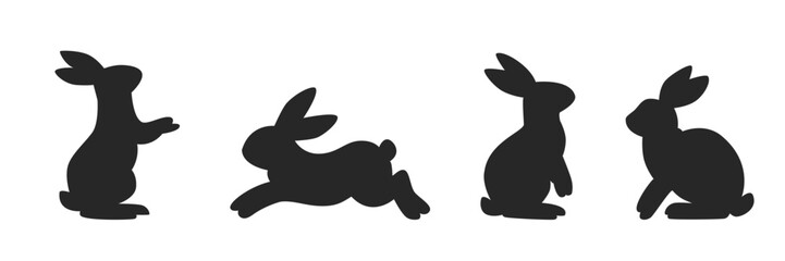 Set of black rabbit silhouettes in different poses. Flat bunny icons for Easter, spring themes, kids illustrations and decorative animal designs.