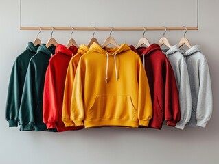 Colorful hoodies hanging on a wooden rack against a neutral background