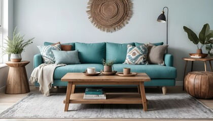 Cozy Teal Living Room Interior with Boho Decor