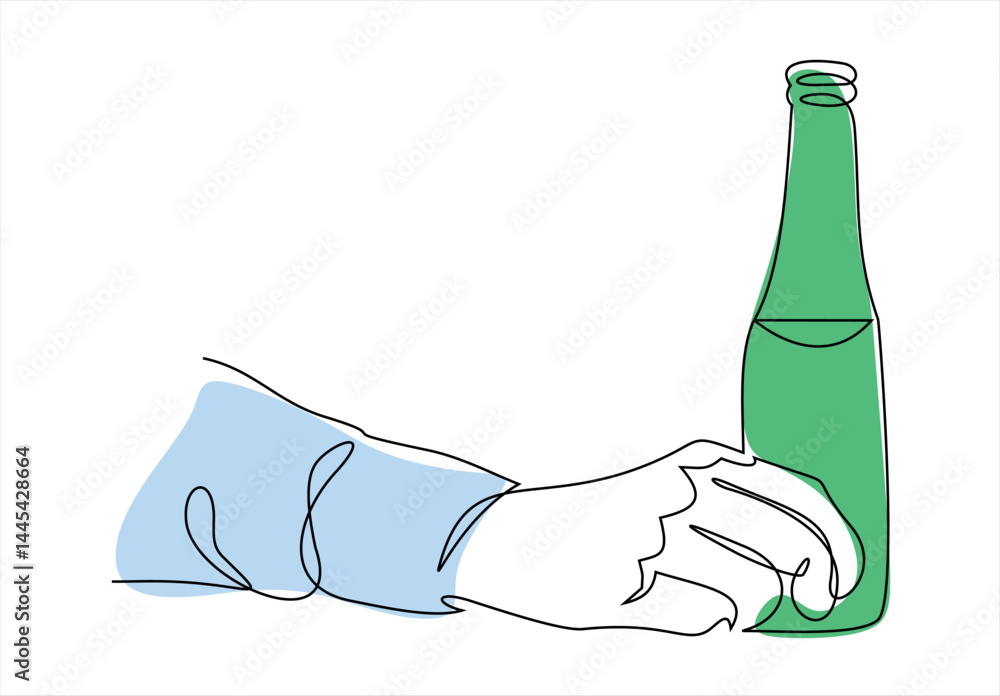 Poster vector abstract continuous one single simple line drawing icon of hand holding a beer bottle in silh