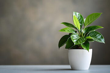 Fototapeta premium Potted Plant Serenity: A vibrant, potted houseplant in a minimalist white pot sits gracefully on a light surface, set against a muted background, conveying a sense of tranquility and freshness.