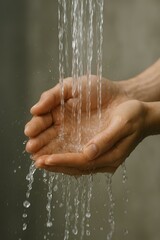 Fototapeta premium Fresh water streaming over open hands with droplets falling