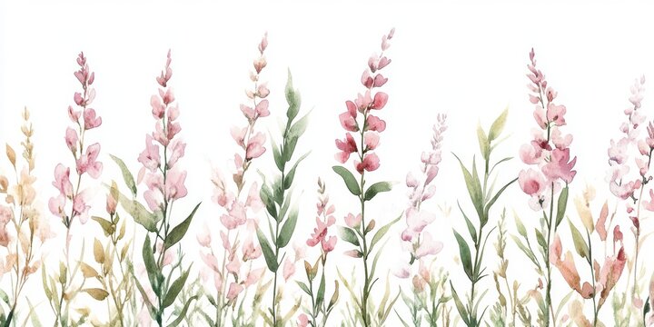 A beautiful watercolor floral pattern with willow herb in pastel colors, with an empty space for the text, on a white background, The flowers in the picture are on the left