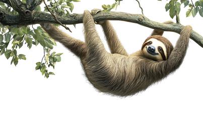 Fototapeta premium Brown-throated sloth hanging upside down from tree branch rainforest animal PNG isolated sloth transparent background tropical wildlife mammal claws