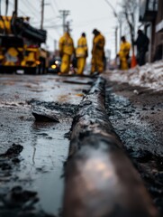 Naklejka premium a pipe laying on the ground, with workers in yellow reflective coats working behind it