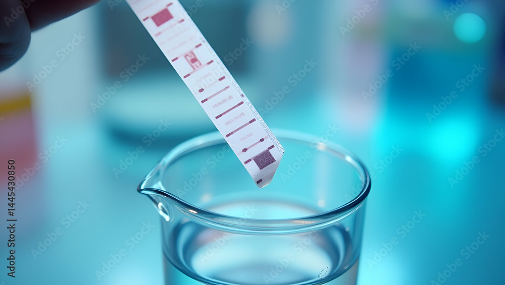 Poster close-up of chemical water test strips in beaker: detect heavy metals & ph deviations in controlled 