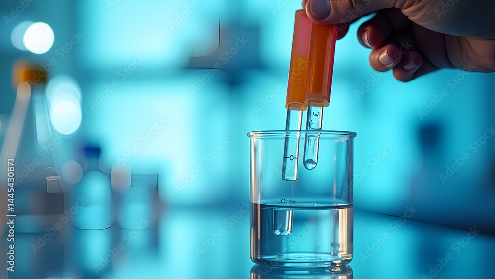 Poster close-up of chemical water test strips in beaker for heavy metal detection and ph testing in lab - s