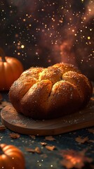 Warm and freshly baked pumpkin bread on a wooden surface surrounded by the glow of twinkling lights and autumn inspired a cozy and inviting atmosphere for a festive or holiday gathering