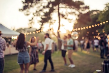 Obraz premium Social gathering in sunset park blur background of people enjoying festivities