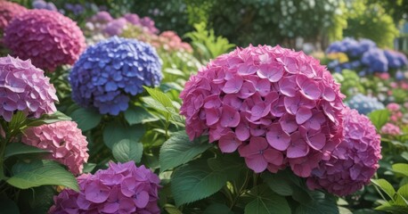 Obraz premium Vibrant hydrangeas in lush garden, colorful blooms , flowering, colorful