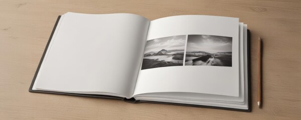 Open vertical photo album mockup, blank pages ready for design ,  design,  background
