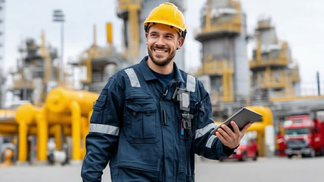 Energetic Engineer in Focus: A skilled engineer, radiating confidence, poses at a dynamic oil refinery, embodying expertise and dedication within the industrial sector.