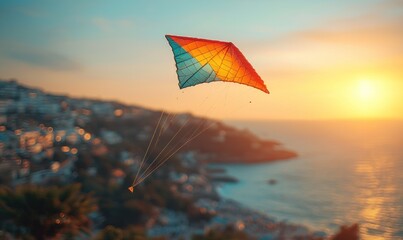 Colorful kite soaring against a vibrant sunset over a coastal town