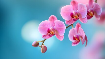 Pink Orchid Bloom: Delicate pink orchid flowers in full bloom against a soft blue background.  The image evokes serenity and natural beauty.