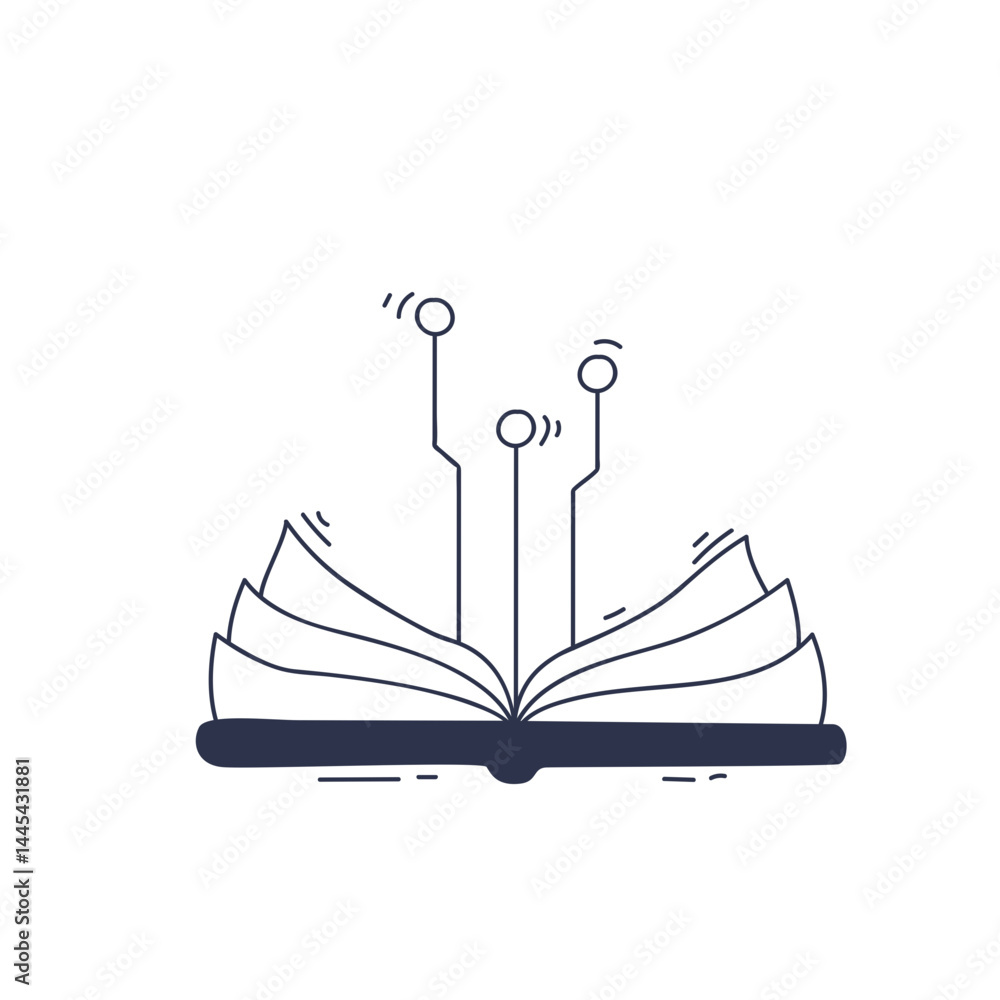 Poster open book with circuit lines symbolizes the fusion of knowledge and technology.