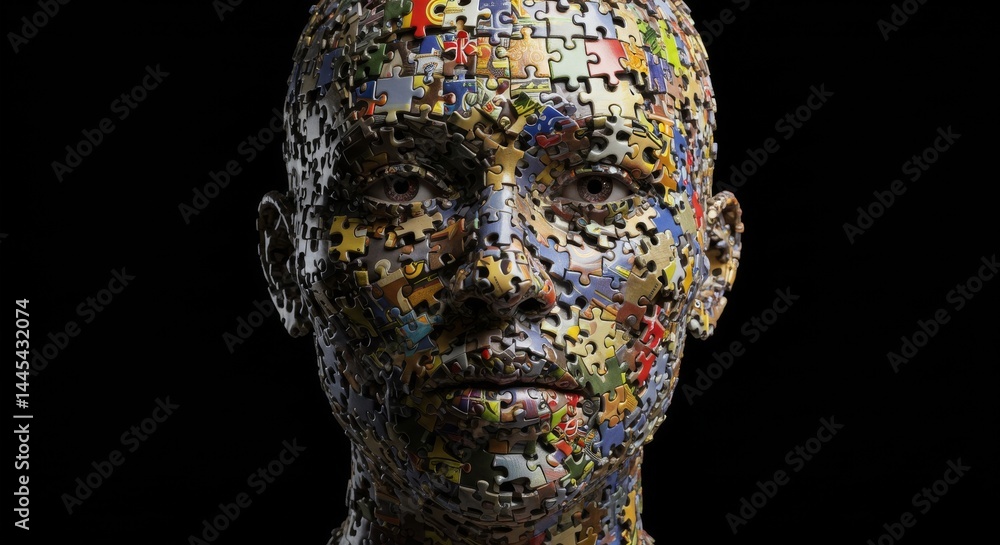 Poster puzzle person: a portrait of identity - a striking of a human face composed entirely of colorful jig
