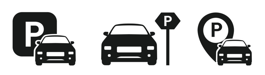 Car parking icon set. parking car and parking location symbol.