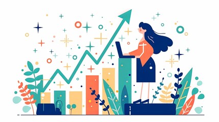 Businesswoman analyzing upward growth chart in vibrant conceptual illustration