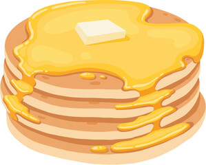 Cartoon pancake. Stack of tasty pancakes with maple syrup, butter, chocolate syrup, fruits and jam. Delicious breakfast food vector illustration. American brunch with berries and nuts