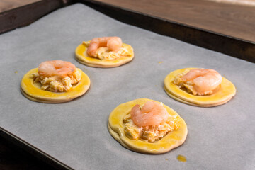 Puff pastry with cheese and shrimp. Pastry. food