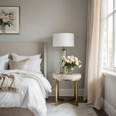 Elegant Beige Bedroom Interior with Gold Accent Table