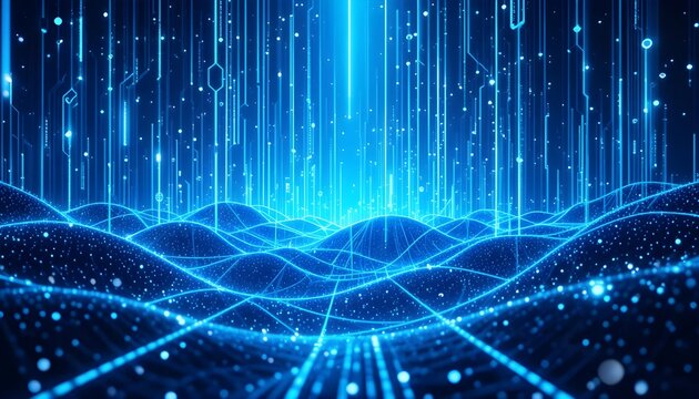 An immersive, high-tech atmosphere is created by a futuristic digital landscape with bright blue lines rising vertically like streams of data.  The feeling of connectedness and information flow is imp